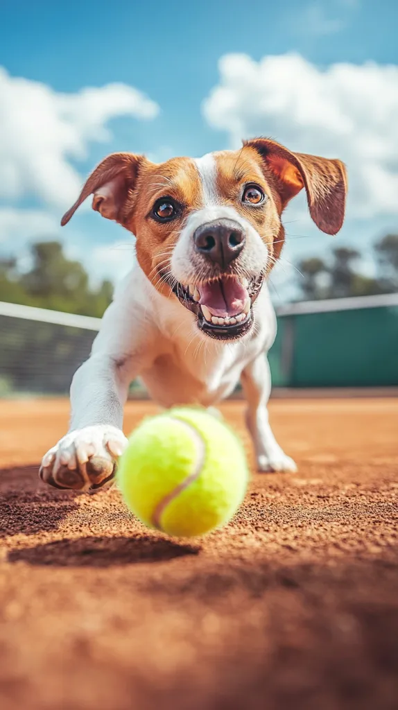 A small, white and brown dog with floppy ears is running towards a yellow tennis ball on a clay tennis court. The dog is smiling with its tongue sticking out. The sky is blue with white clouds in the background. The dog looks happy and playful.