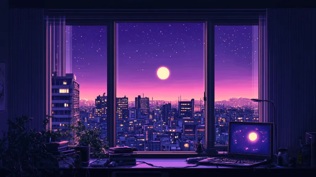 A window with a view of a city skyline at night. The sky is a vibrant purple with a large, full moon hanging in the center. The city lights twinkle in the distance, and a few stars are visible in the sky. The room is dark, with only a small desk lamp providing illumination. A computer monitor sits on the desk, displaying a screen saver of a swirling galaxy. The overall mood is one of peace and tranquility.