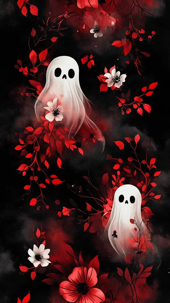 Two white ghosts are depicted against a dark background of deep red foliage. The ghosts have simple facial features, and the leaves appear to be watercolor-painted in shades of deep red. The image has a spooky, yet somewhat whimsical, feel.  The ghosts are floating near the center of the image, and there are red flowers scattered throughout. The overall effect is one of eerie beauty.