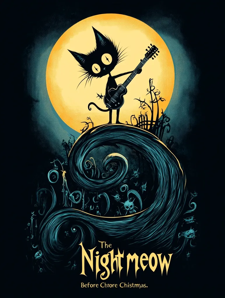 A black cat with large, expressive eyes is silhouetted against a large, yellow moon, playing an electric guitar. It stands atop a dark, swirling hill with a fence and small, dark figures surrounding it.  Below, the words "The Nightmeow" appear in a gothic font, followed by the tagline, "Before Chore Christmas." The image has a whimsical, slightly eerie feel.