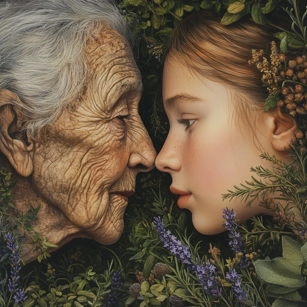 The image portrays a close-up of an elderly woman and a young girl, their faces inches apart. The woman's face is lined with age, her skin wrinkled and textured, while the girl's face is smooth and youthful. The contrast between their appearances highlights the passage of time and the cycle of life. The setting is a lush garden, with vibrant green leaves and purple flowers surrounding them, creating a sense of peace and tranquility. Their gazes are locked, suggesting a connection and understanding that transcends the physical differences between them. The painting evokes a sense of love, respect, and the enduring bond between generations.