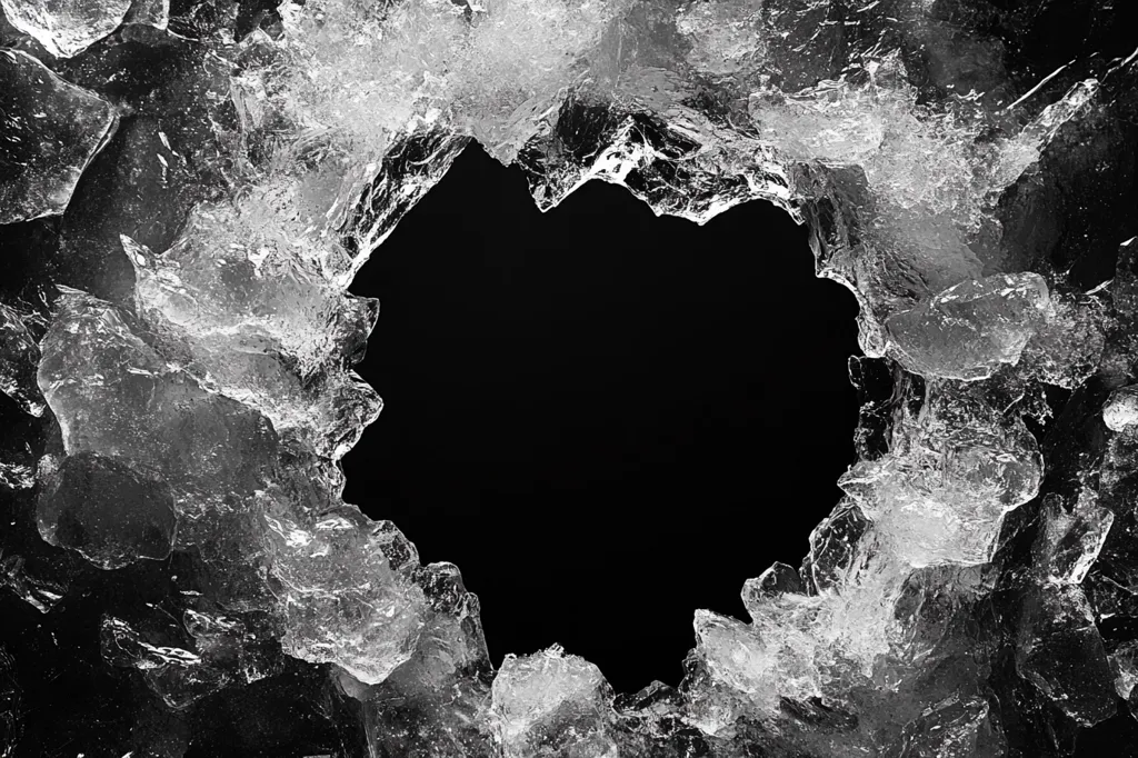 The image shows a close-up of shattered ice. The ice is frozen into jagged, irregular shapes, creating a border around a dark, empty space. The light reflects off the ice, making it appear translucent. The image is in black and white, highlighting the stark contrast between the ice and the darkness.