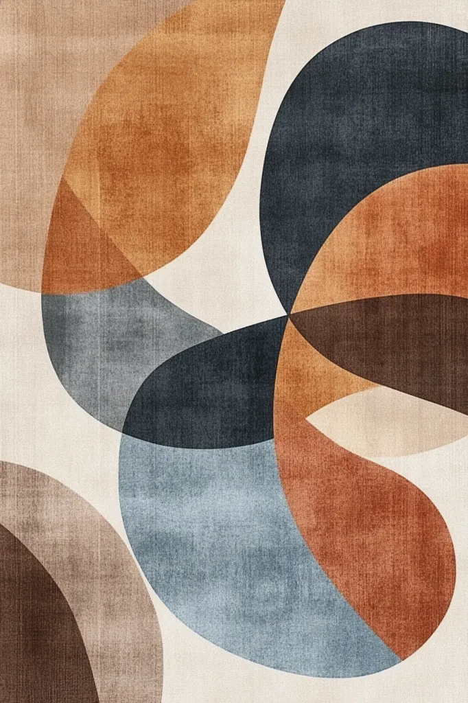 The image is an abstract design made up of overlapping circles and crescent shapes. The colors used are warm browns, oranges, and beige with a cool blue and dark navy. The overall effect is a modern and minimalist aesthetic.