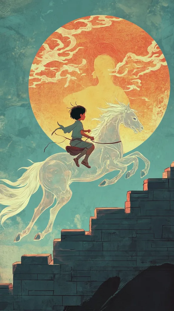A young person rides a translucent white horse, soaring over a brick wall and a large, orange and yellow moon. The figure has dark hair and wears blue clothing, holding the reins of the ethereal steed. The background is a muted blue with soft, wispy clouds. The image evokes a sense of magic and the pursuit of dreams.