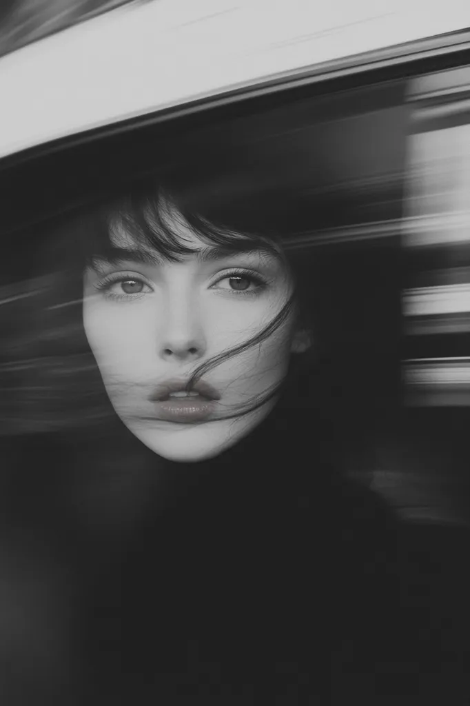 A woman's face is partially visible through a blurred window. Her hair is dark and flowing, her eyes are large and expressive, and her lips are slightly parted. The overall tone of the image is moody and mysterious, with a sense of depth and intrigue. The image is in black and white, adding to its ethereal and timeless quality.