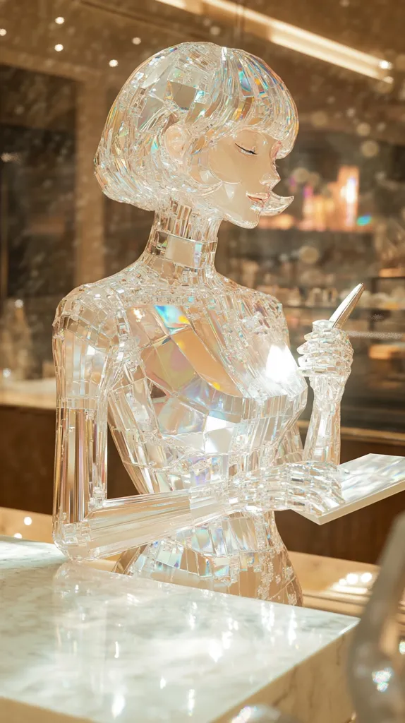 A crystal sculpture of a woman with a bobbed hairstyle is depicted in the image. The sculpture is intricately detailed, with each facet reflecting light and creating a dazzling display of colors.  The woman's right hand is raised, holding a small object, perhaps a phone or a piece of jewelry. The sculpture is positioned on a pristine white countertop, enhancing its ethereal beauty.  The background features a blurred view of a luxurious space, adding to the overall impression of elegance and artistry.
