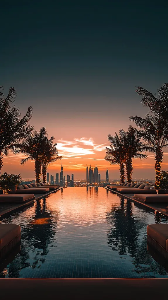 A rooftop infinity pool with a view of the Dubai skyline. The sun is setting, casting an orange glow over the city and reflecting in the pool's still water. Palm trees line the pool deck, providing shade and a tropical ambiance. The cityscape, with its towering skyscrapers, creates a dramatic backdrop to this luxurious oasis.