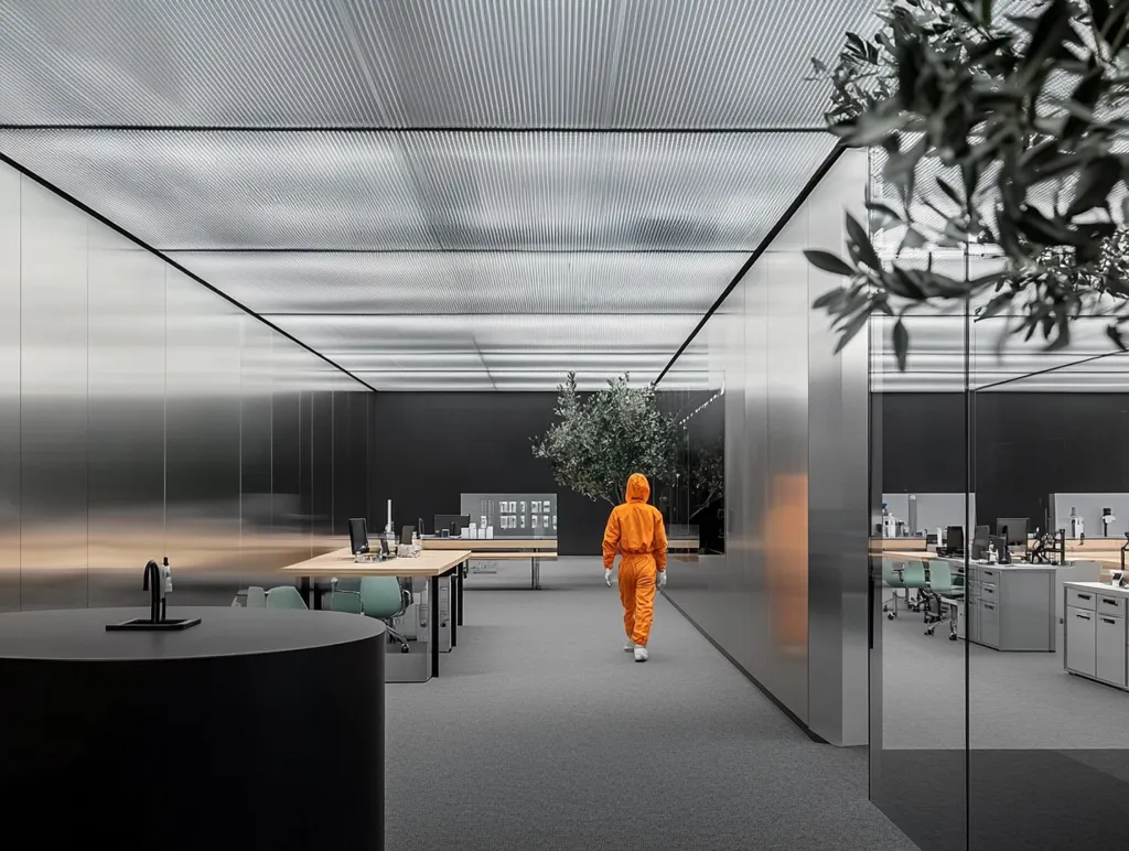 A person in an orange jumpsuit walks through a minimalist office space. The walls are lined with silver panels, and the ceiling features a grid pattern. The floor is a light grey, and there are a few plants and desks scattered throughout the room. The windows offer a glimpse into another section of the office. The overall feel is clean and modern, with an emphasis on simplicity.
