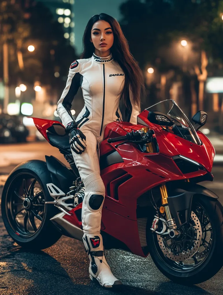 A woman in a white and black racing suit stands next to a red Ducati motorcycle.  She is looking directly at the camera with a confident expression. The motorcycle is parked on a city street at night, with lights blurring in the background. The woman's boots are visible, as is the Ducati logo on her suit.