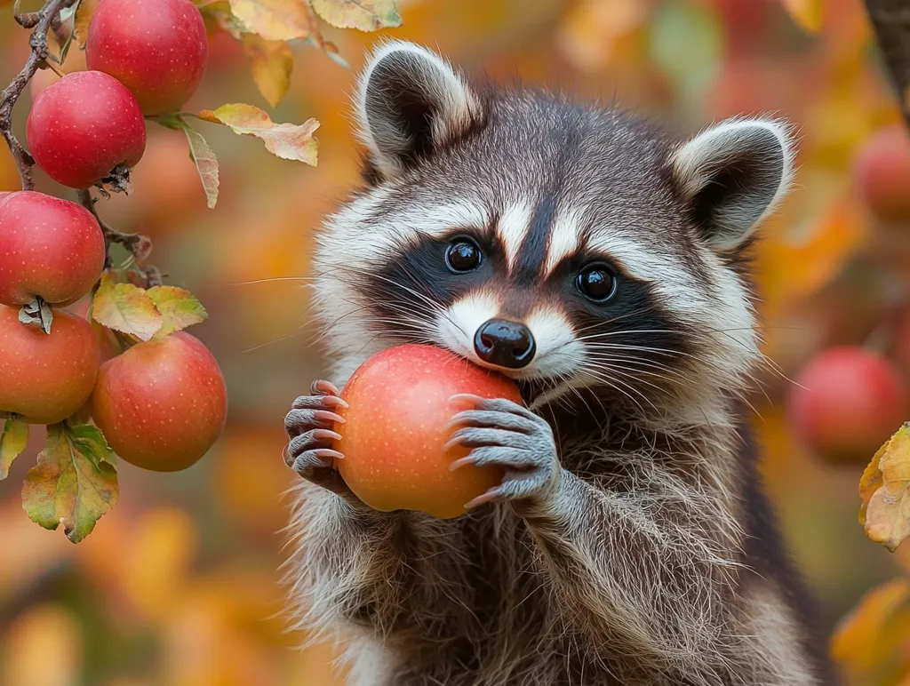 A cute raccoon with black mask-like markings around its eyes sits in an apple tree and takes a bite of a red apple. The raccoon's fur is gray and black, and its eyes are dark. The background is blurred and filled with autumn leaves.  The raccoon is enjoying its snack in the beautiful autumn setting.