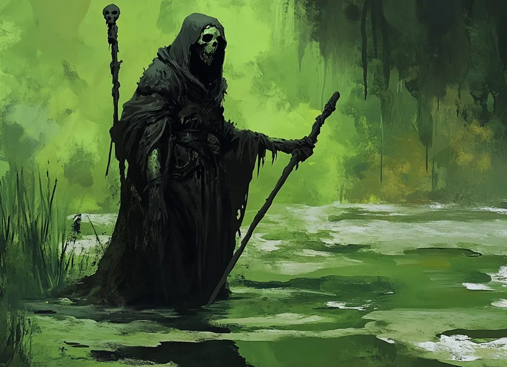A skeletal figure, cloaked in black, stands in a swamp. They hold two staffs, one topped with a skull.  The figure is surrounded by a green mist and the water is murky. The scene is eerie and suggestive of dark magic.  The figure's presence creates a sense of foreboding in the swamp.