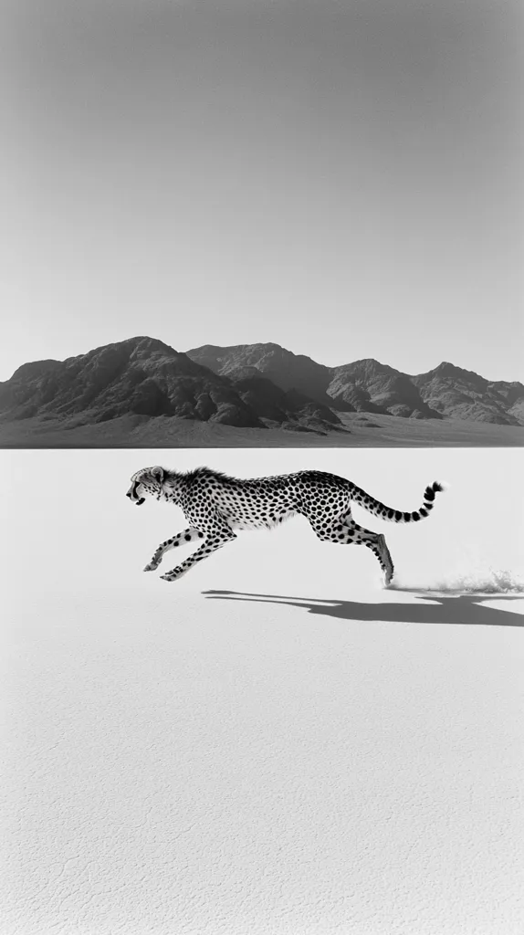 A cheetah runs across a vast white desert. The cheetah's spotted fur contrasts sharply against the white sand.  The cheetah is in mid-stride, its tail trailing behind it. In the distance, a range of low mountains runs along the horizon. The image is in black and white, creating a stark and dramatic feel. The cheetah's speed and agility are emphasized in the simple, minimalist composition.