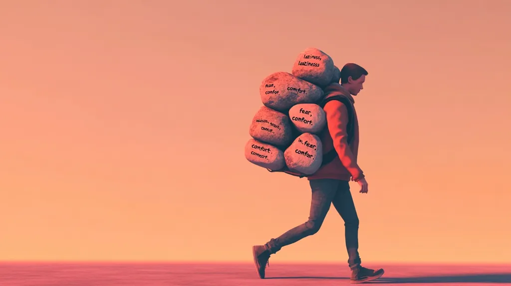 A man in a red jacket walks across a vast, empty landscape.  He carries a heavy backpack of rocks.  The rocks are inscribed with the words "comfort," "fear," and "laziness," suggesting the burdens he carries. The sky behind him is a warm orange, perhaps a sunset, hinting at a sense of hope or new beginnings.  The image is symbolic of the weight of life's challenges and the struggle to overcome them.