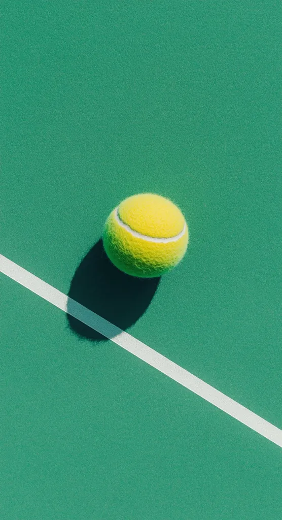 A yellow tennis ball sits on a green tennis court. A white line bisects the court. The ball casts a shadow on the court. It's a simple, clean image with a sports theme.  The green and yellow colors are vibrant and cheerful.
