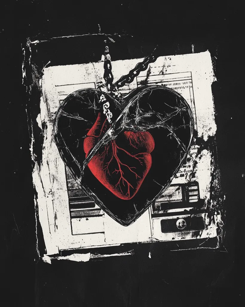 A red heart is depicted inside a broken black heart shape. It is attached to a chain that runs above the heart. The heart sits on a torn piece of paper with some text and numbers printed on it. The background is a black canvas. The image conveys a sense of brokenness and loss.