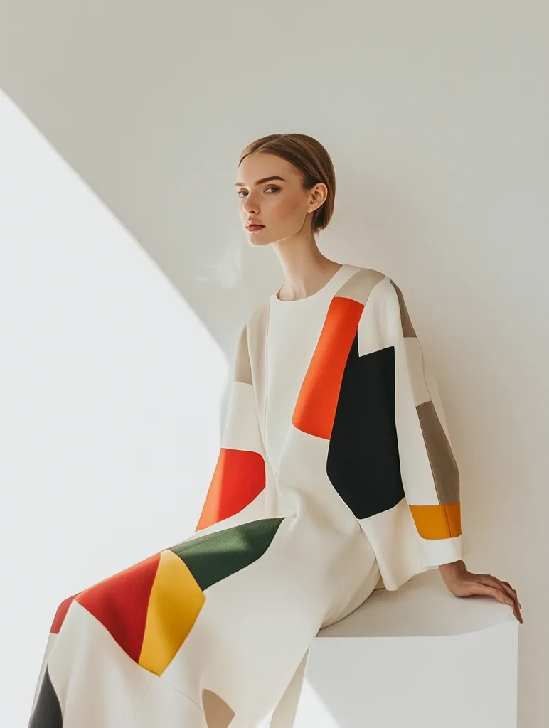 A young woman with short blonde hair is sitting on a white platform. She is wearing a white dress with geometric patterns in red, orange, yellow, green and black. The dress has a long, flowing sleeve. The background is a white wall with soft lighting. She is looking away from the camera with a serious expression. The image is minimal and stylish.