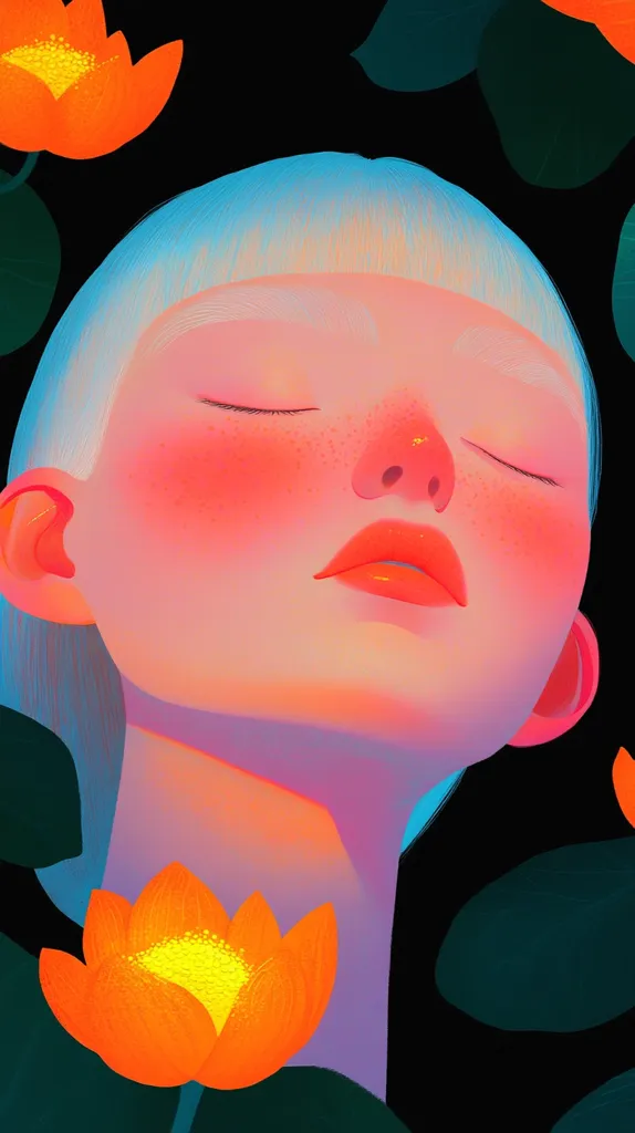 A digital illustration of a person with their eyes closed,  glowing skin, and blue hair. They are surrounded by large, orange lotus flowers and leafy green foliage. The colors are vibrant and contrasting, creating a surreal and dreamy atmosphere. The image appears to be a portrait of a person at peace and tranquility.