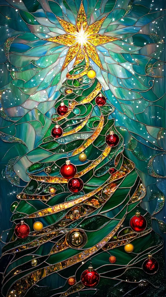 The image shows a stained glass depiction of a Christmas tree. The tree is green with a golden star on top and is adorned with red and gold ornaments. The background is a vibrant blue with a shimmering effect. The intricate details of the glasswork create a festive and elegant feel.