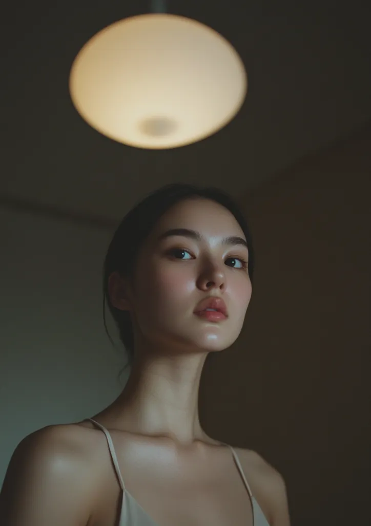 A young woman with dark hair and smooth skin looks directly at the camera. She is illuminated by a soft, warm light, creating a gentle glow on her face. The light source, a round pendant lamp, hangs above her, casting a soft shadow on the background. Her expression is serene and her eyes are captivating. She is wearing a simple, off-white tank top, accentuating her elegant silhouette. The image captures a sense of intimacy and quiet beauty.