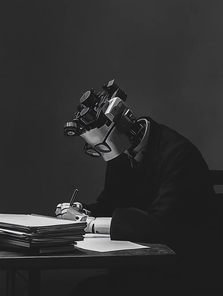 A robotic figure, with a complex mechanical head and a black suit, sits at a desk, writing on a piece of paper. Stacks of paper and a pen are on the desk. The figure's head is tilted down, focused on writing, the robotic head and hand contrasting sharply with the dark background.  The image is rendered in black and white, creating a stark and futuristic atmosphere.