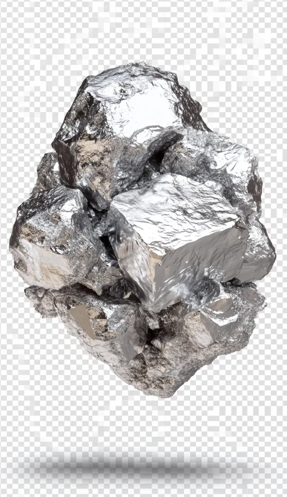 A large, jagged chunk of metallic ore is the focus of the image. The ore is a shiny, silver color, and its rough texture is evident in the numerous, sharp edges and irregular shapes. The ore is suspended in midair, casting a shadow on the transparent background. The image evokes a sense of strength, power, and the raw beauty of natural materials.