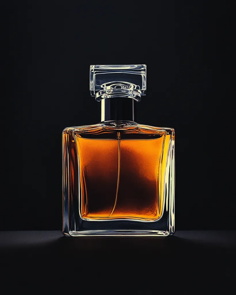 A glass bottle of perfume sits on a black surface. The bottle is rectangular with a clear glass body and a square, clear glass lid. The bottle is filled with a golden-colored liquid. The background is black, with a slight shadow cast by the bottle. The image creates a sense of luxury and sophistication.