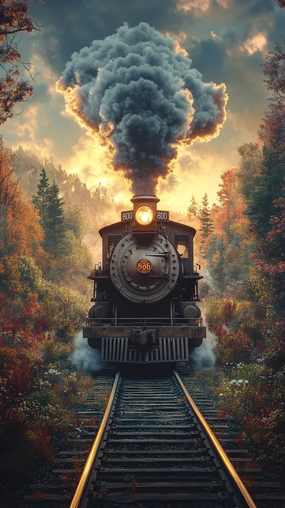 A vintage steam locomotive chugs through a forest in the autumn. The train's black smoke billows above, creating a dramatic backdrop against the sunset sky. The tracks are surrounded by vibrant foliage in shades of red, yellow, and orange, enhancing the sense of autumnal beauty. The locomotive's golden headlamp shines brightly, illuminating the path ahead.