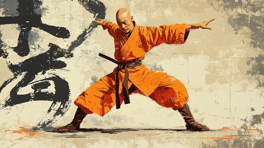 A young man in a bright orange robe and black belt, performs a martial art move. His right hand is outstretched, fingers pointed, while his left hand is near his waist.  A black brushstroke in the background is reminiscent of calligraphy. The overall image conveys strength and discipline.