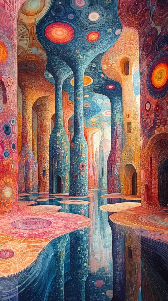 The image depicts a surreal and dreamlike landscape. It features tall, cylindrical structures made of colorful mosaic-like tiles, with a  reflective, blue water surface. The structures are surrounded by an undulating ceiling with swirling patterns of blue, red, and orange. The overall effect is one of otherworldly beauty and mysterious depth.