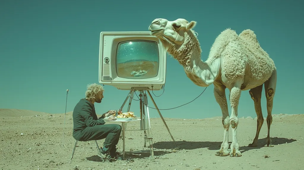 A man sits at a table in a desert landscape, looking at a vintage television set on a tripod. A camel is standing in the foreground, peering into the television with a curious expression. The image has a surreal and dreamlike quality, suggesting a whimsical and out-of-the-ordinary scenario. The muted colors and the simplicity of the composition contribute to the overall sense of otherworldliness.