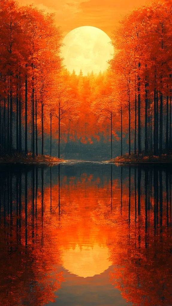 The image depicts a serene landscape with a large, luminous moon hanging in the sky above a tranquil lake. The lake is bordered by a dense forest of trees with their branches reaching towards the sky. The trees are in their autumn colors, their leaves a vibrant orange and red, which is mirrored in the surface of the water. The scene is bathed in a warm, golden glow that creates a peaceful and magical atmosphere.