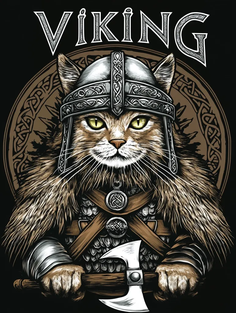 A cat dressed as a Viking warrior. The cat wears a horned helmet, chainmail armor, and a fur cloak. It holds an axe in its paws. The background features a Celtic knot design and the word "VIKING" in large letters. The image is drawn in a cartoon style.