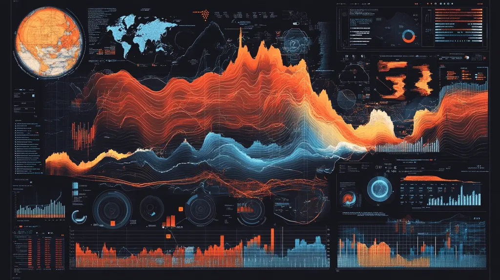 The image shows a futuristic digital interface with a dark background and a multitude of colorful data visualizations. In the center, a 3D topographic map with orange and blue lines, resembling mountains, dominates the scene. Surrounding it are various charts, graphs, and other data representations, including a world map, bar charts, and circular gauges. The overall aesthetic is sleek and modern, suggesting a complex system or network.