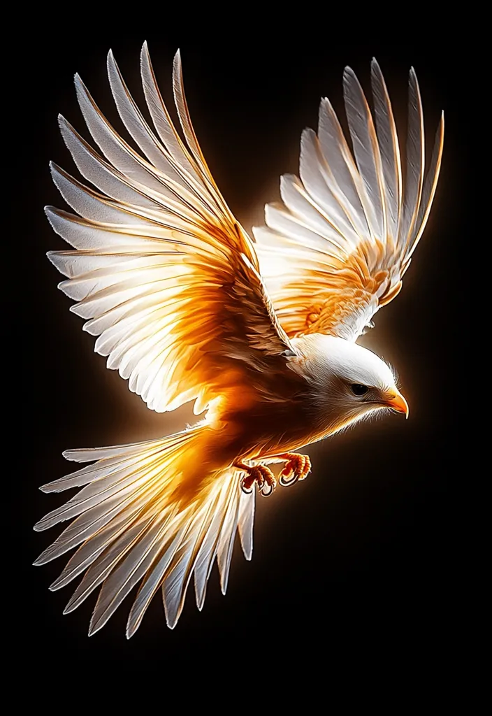 A bird with golden and white feathers flies with its wings outstretched, set against a black background. The bird's beak is pointed and its eyes are closed. Its wings are spread wide, showcasing the intricate details of its feathers. The image captures the bird in mid-flight, creating a sense of motion and freedom. The golden hues of the bird's plumage add a touch of warmth and vibrancy to the image. The dark background emphasizes the bird's luminous presence.