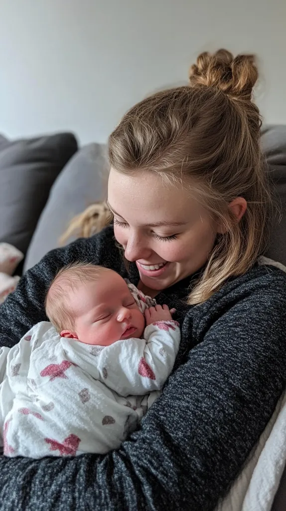 A young woman with long brown hair, wearing a black sweater, cradles a sleeping baby in her arms. The baby, dressed in a white and pink onesie, has its eyes closed and its arm resting on its chest. The woman's expression is loving and gentle, and she is looking down at the child with a soft smile. The scene is filled with warmth and tenderness.