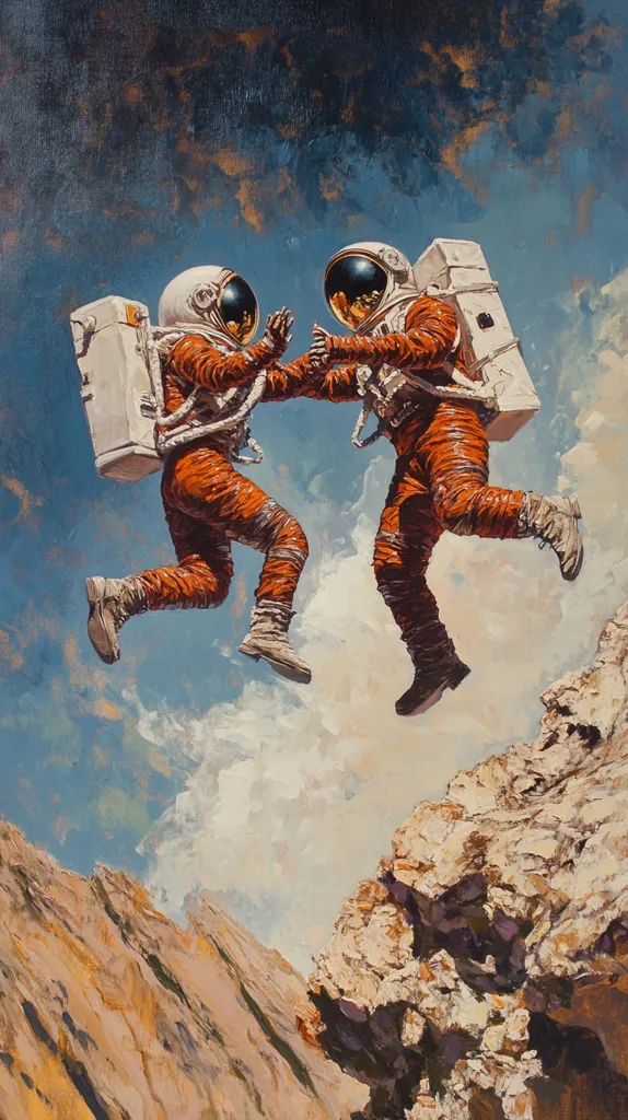 Two astronauts in orange spacesuits are suspended mid-air against a backdrop of blue sky and fluffy white clouds. They are facing each other, their hands clasped in a handshake. The astronauts are floating above a rugged, rocky landscape. The painting's style is realistic and detailed, with a focus on capturing the awe and wonder of space exploration.