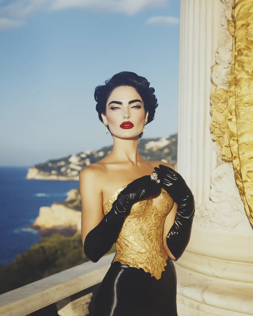 A woman with dark hair and red lips stands in front of a white column with gold accents. She wears a black and gold dress and long black gloves. She is looking directly at the camera, with a confident expression. The ocean and coastline are visible in the background.