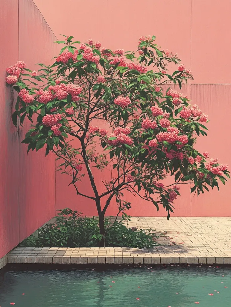 A vibrant pink flowering tree stands gracefully against a pastel pink wall. The tree’s branches extend outwards, casting a shadow on the tiled patio below. In the foreground, a tranquil swimming pool reflects the soft colors of the surrounding landscape. Scattered flower petals on the water surface add a touch of elegance. The overall scene exudes a serene and picturesque ambiance.