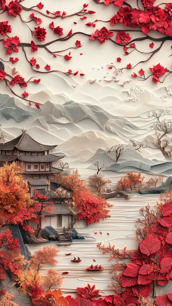 The image depicts a beautiful, three-dimensional paper artwork that portrays a traditional Chinese landscape. A flowing river winds through the center of the scene, bordered by lush trees with vibrant red leaves. A charming pagoda-style building sits nestled amongst the foliage, adding a touch of architectural grandeur. The background showcases layered mountains, crafted from paper, creating a sense of depth and tranquility. The artist's skillful use of paper and delicate details bring this serene scene to life.