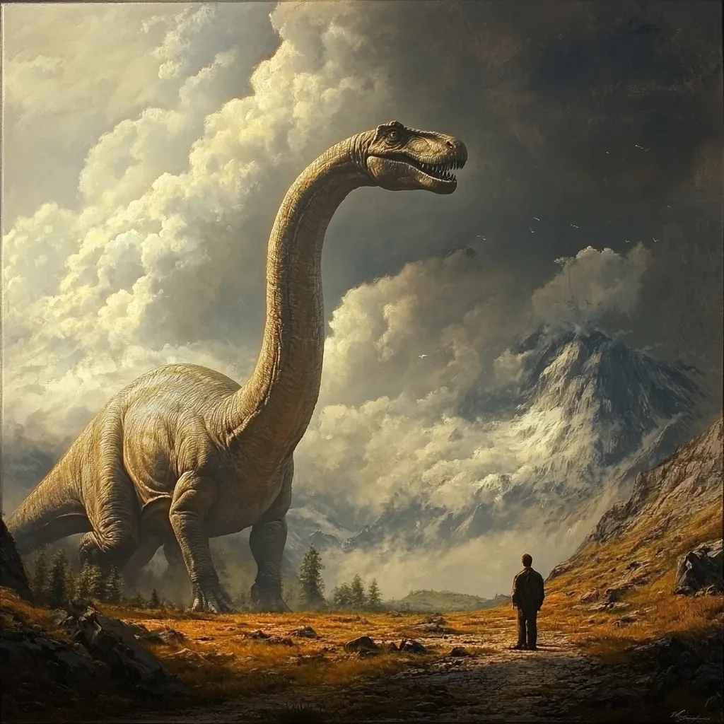 A large, long-necked dinosaur stands in a grassy valley, its head reaching towards the sky. The dinosaur appears to be gazing upwards at a mountain range in the distance, covered in snow and clouds. A small human figure stands in the valley, dwarfed by the immense size of the dinosaur. The sky is filled with fluffy white clouds, and the scene has a sense of awe and wonder.
