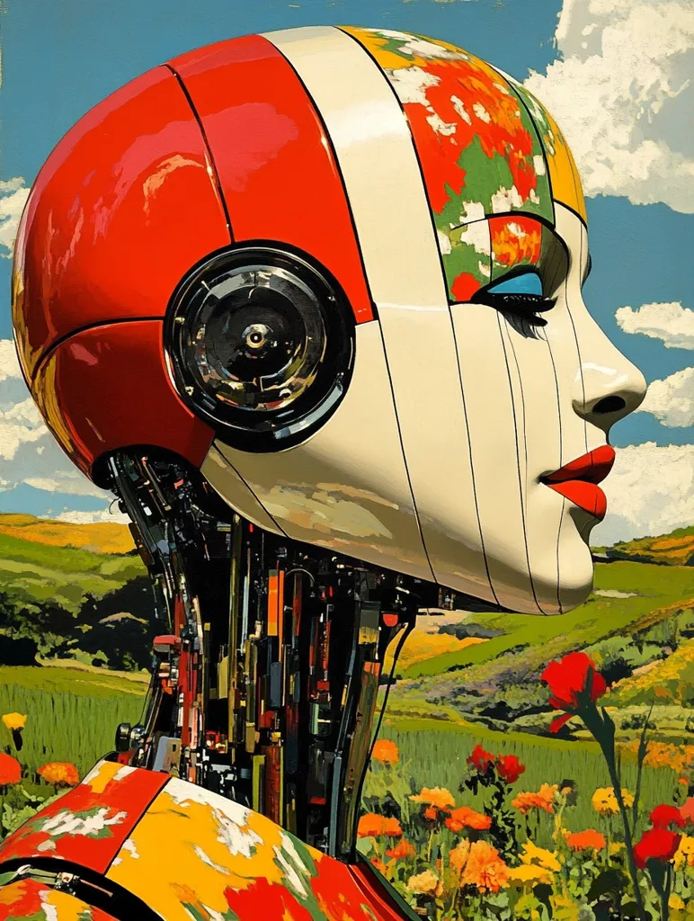 The image depicts a robotic woman with a brightly colored, patterned head and a mechanical neck. Her face is painted with bright makeup and her eyes are closed. The background shows a field of flowers with rolling green hills and a blue sky with fluffy clouds. The colors are vivid and contrasting, creating a surreal and futuristic aesthetic. The juxtaposition of the robot and the natural setting invites contemplation about the relationship between technology and nature.