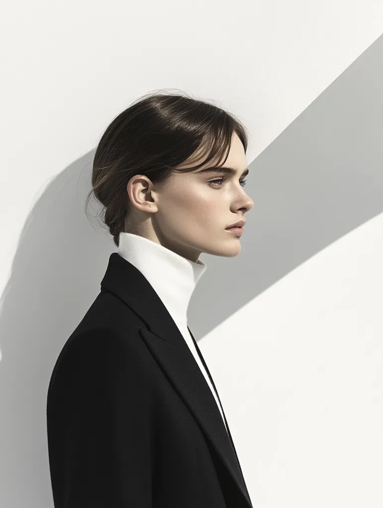 A young woman with dark hair and a white turtleneck is wearing a black blazer. She is looking off to the side with a serious expression. The background is a white wall with a diagonal shadow. The image is minimalist and stylish.