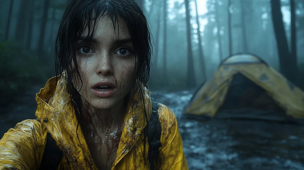 A young woman with dark hair and a worried expression stands in a forest. She is wearing a yellow raincoat and is covered in mud and blood. A yellow tent is in the background, partially submerged in water. The forest is dark and mysterious, and the air is thick with fog. The scene is ominous and suggests that something dangerous has happened.