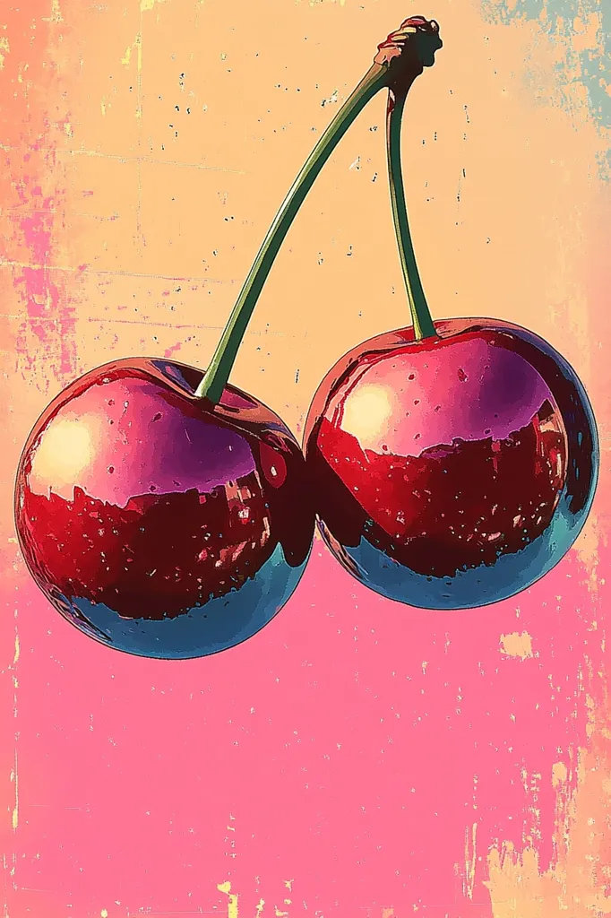 Two shiny red cherries with green stems are depicted against a faded pink and yellow background. The cherries are positioned to create a sense of depth and perspective. The vibrant red color of the cherries stands out against the muted background, making them the focal point of the image. The digital art style adds a modern and stylized touch.