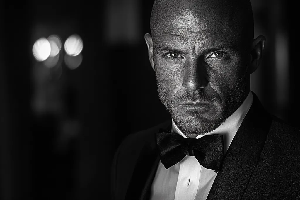A man in a tuxedo stares intensely at the camera. The photo is in black and white and the background is blurred. The man has a serious expression on his face, with his lips pursed and his eyebrows furrowed. The focus of the image is on the man's eyes, which are sharp and intense.