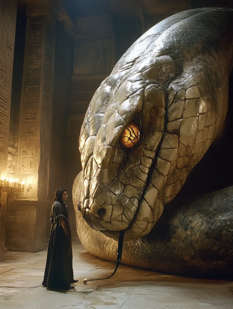 A massive, golden-scaled serpent, with a menacing eye, rests its head against a stone wall within an ancient, ornately-carved chamber. A cloaked figure stands before the serpent, dwarfed by its colossal size. The scene evokes a sense of awe and fear, suggesting a confrontation between humanity and a mythical creature.  The serpent's forked tongue extends towards the figure, adding to the air of mystery and danger.