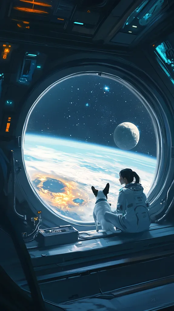 A woman in a spacesuit sits with her dog in a spaceship. The view outside the window shows a vast expanse of space with a moon and a planet. The woman is looking out at the view and the dog is looking at the woman. The interior of the spaceship is sleek and futuristic.