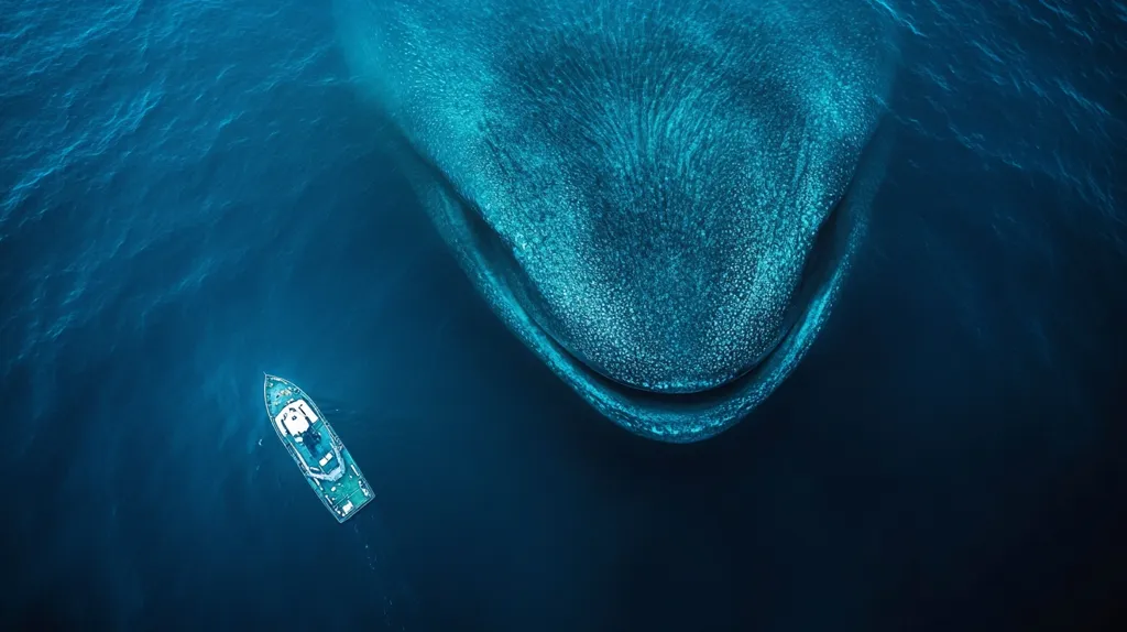 An aerial view of a whale shark swimming in the ocean. The shark is massive, its spotted body taking up a significant portion of the frame. A small boat is seen in the lower left corner of the image, providing a sense of scale. The blue water is calm and clear, highlighting the beauty of the underwater world.
