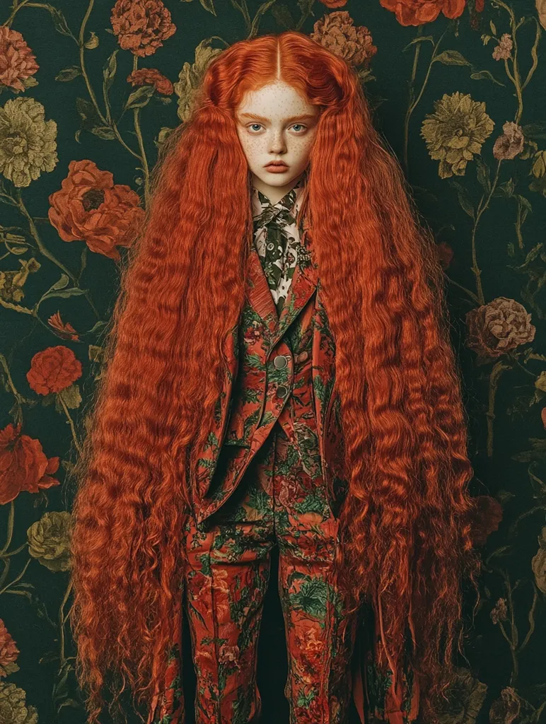 A young woman with long, bright red hair stands in front of a dark green background with a vibrant floral pattern. She is wearing a red and green patterned suit. Her expression is serious, and her eyes are a deep blue. The image is a portrait of a young woman with an ethereal and captivating quality. The red color of her hair and suit contrasts beautifully against the green background, creating a striking visual. The floral pattern adds a touch of whimsy and sophistication to the image.  The overall effect is one of mystery and intrigue, inviting the viewer to wonder about the woman's story.