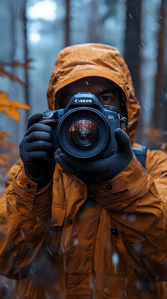 A person wearing a brown jacket and black gloves is holding a Canon 80D camera in front of their face. The camera lens is focused on a blurry background of trees. It is snowing lightly. The photo was taken in a forest, with the trees and snow creating a cozy, wintery atmosphere.  The person's eyes are hidden behind the camera, creating an air of mystery. The photo is well-composed and captures the moment of a photographer focusing on their subject.